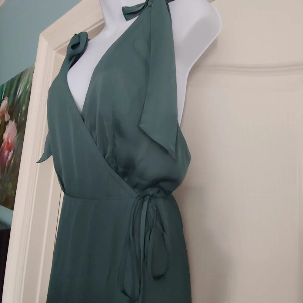 Abercrombie & Fitch Grecian Wrap Forrest Green Flowy Silky Maxi Dress Mt